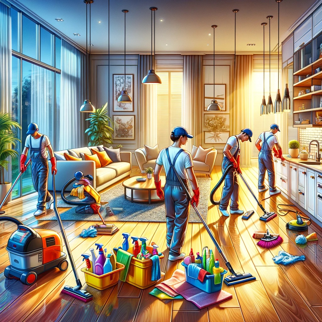 team of cleaners cleaning a house
